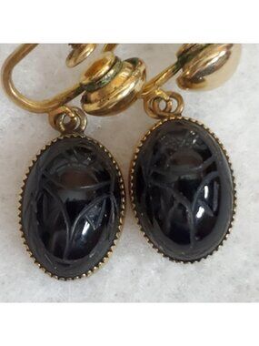 Vintage Scarab Earrings Black Dangle Gold Filled Screw Back 5/8"
